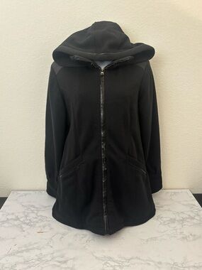INTL DETAILS Women's Black Sz M Mid-Length Jacket Full Zip Hooded Fleece